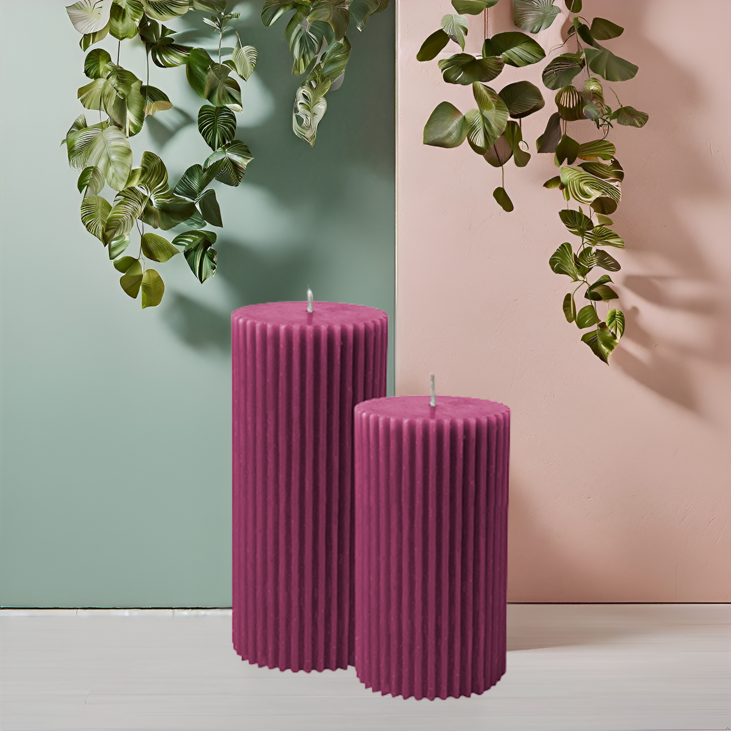 Ribbed Pillar Candle Set– Burgundy