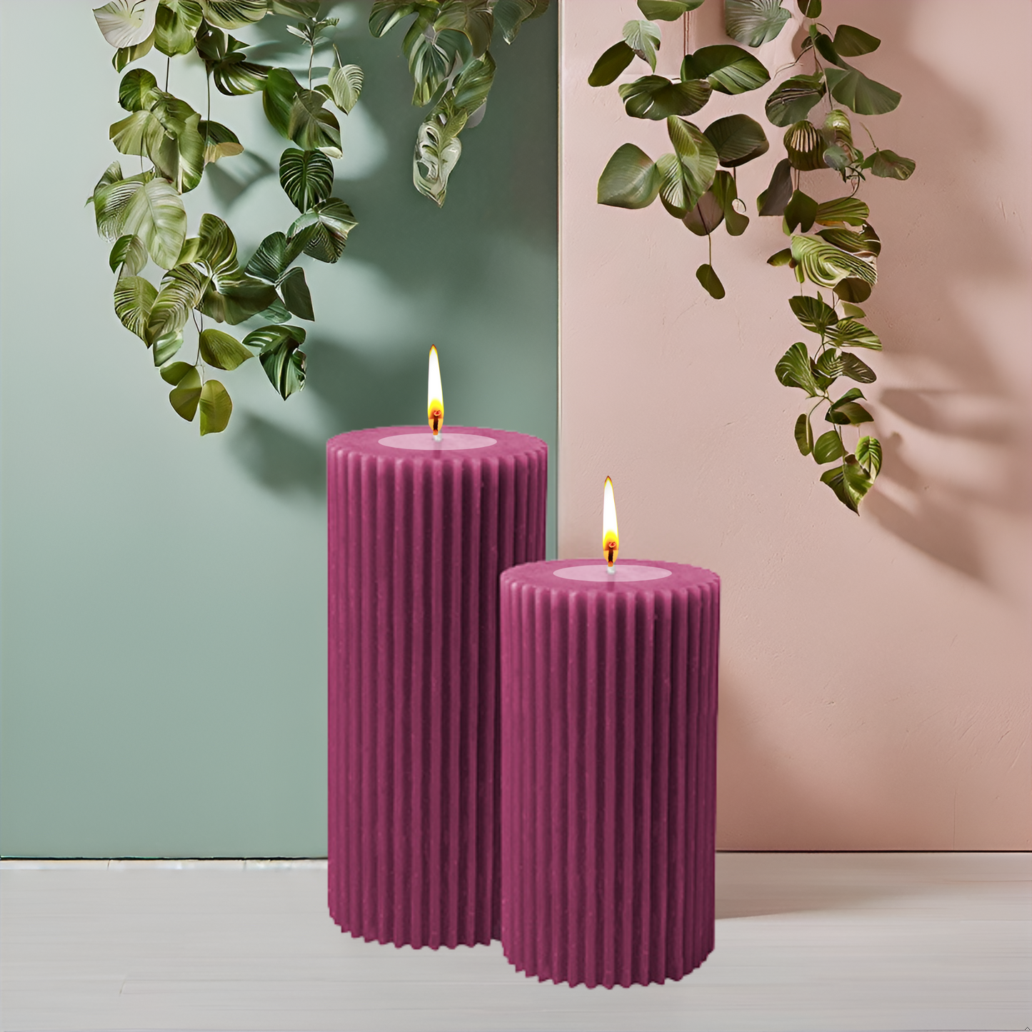 Ribbed Pillar Candle Set– Burgundy
