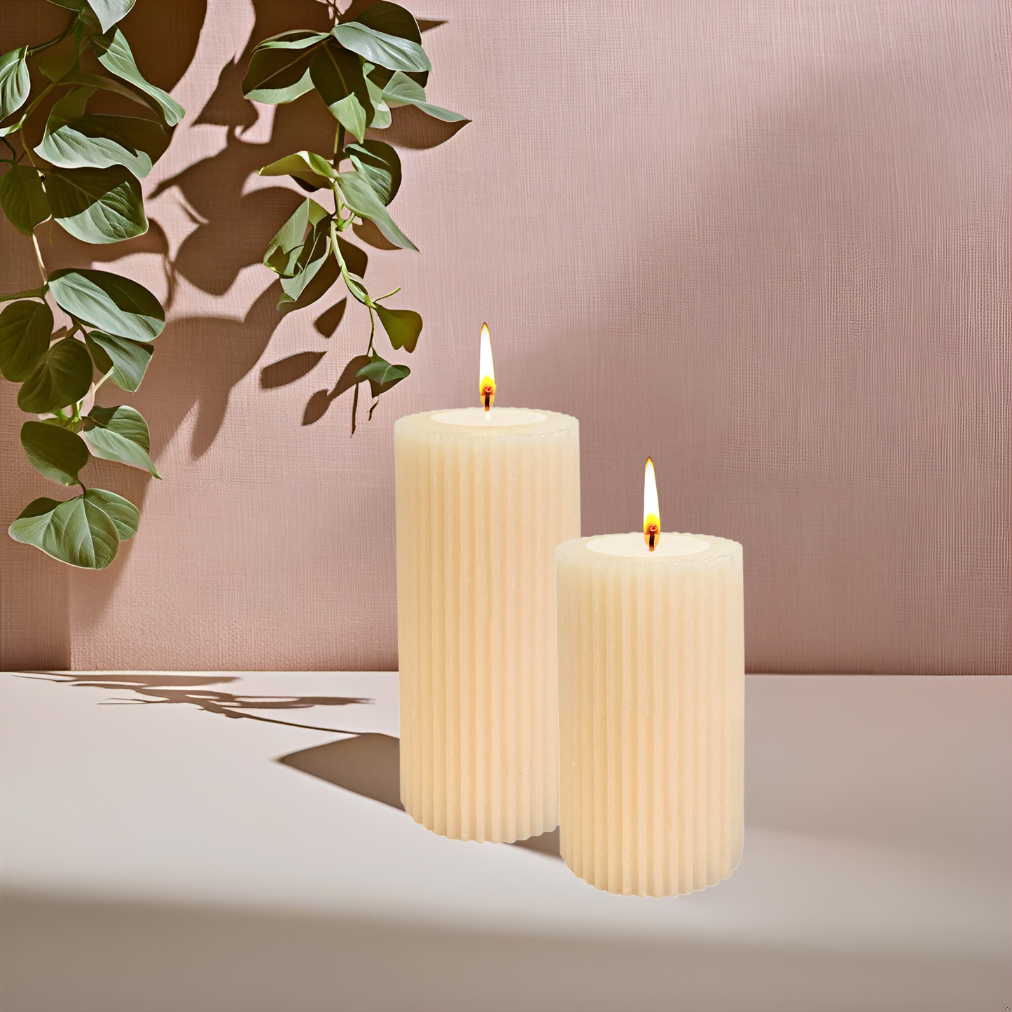 Ribbed Pillar Candle Set– Cream
