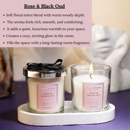 Scented Glass Candle (170g)- Rose & Black Oud