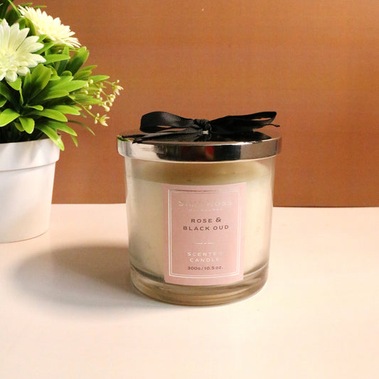 Scented Glass Candle (300g)- Rose & Black Oud