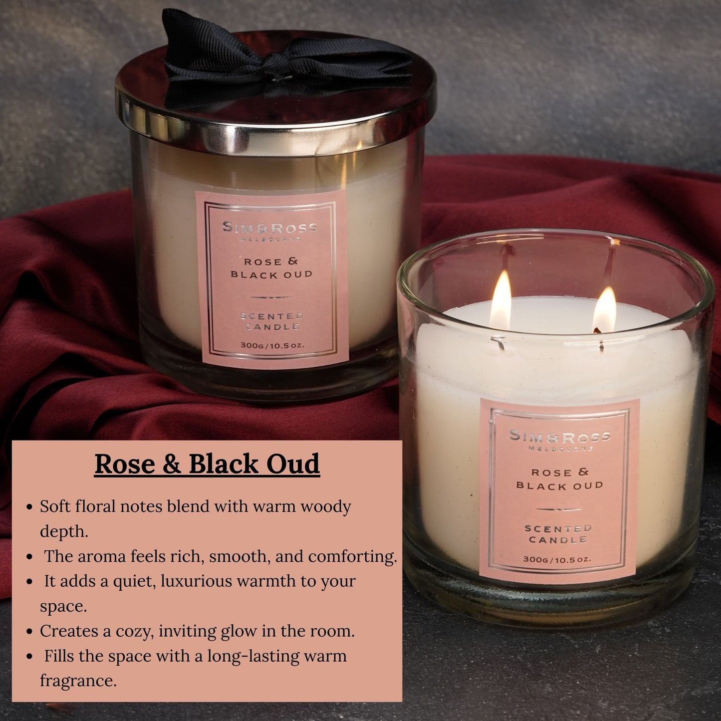 Scented Glass Candle (300g)- Rose & Black Oud