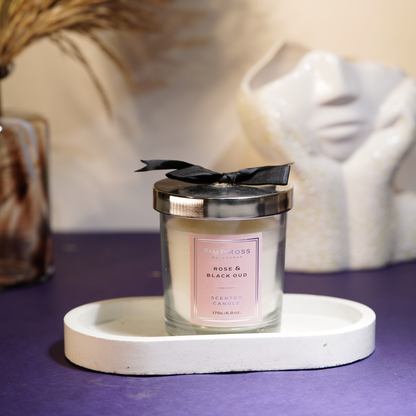 Scented Glass Candle (170g)- Rose & Black Oud