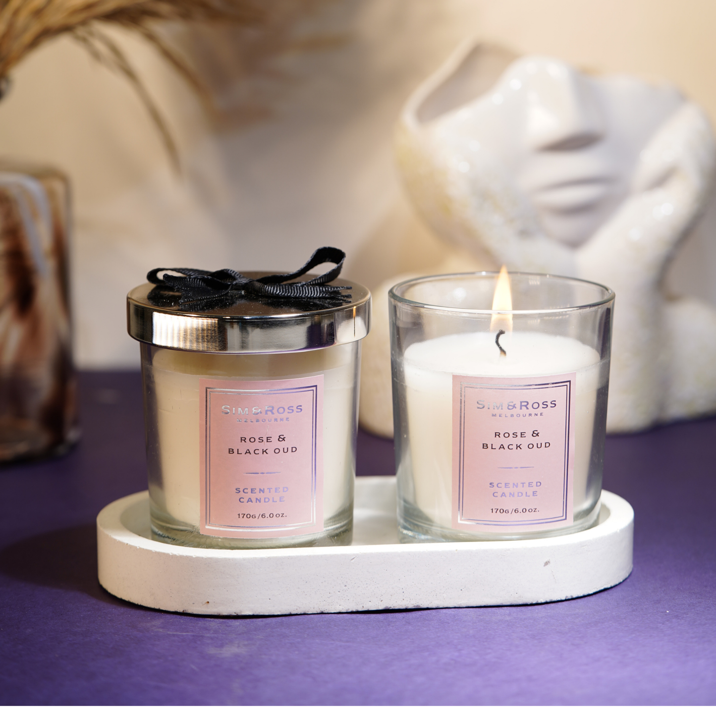 Scented Glass Candle (170g)- Rose & Black Oud