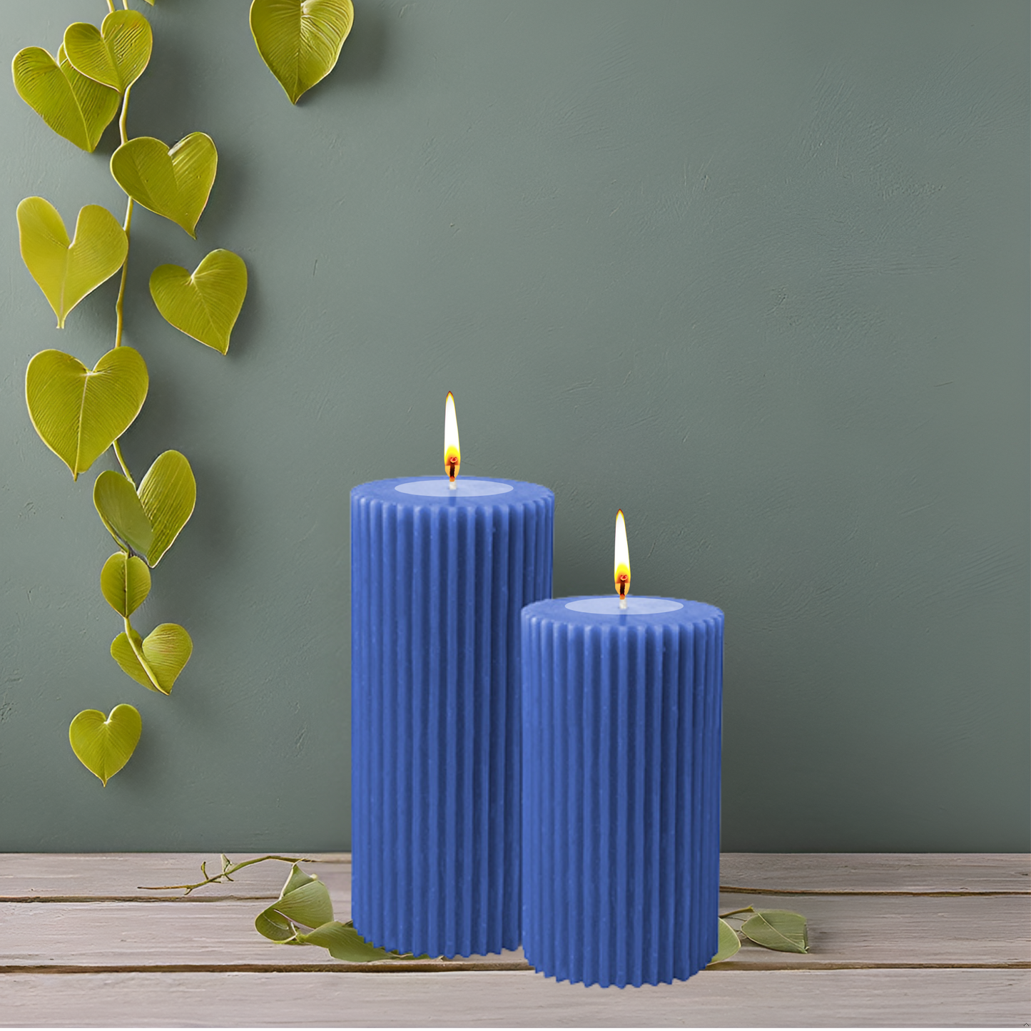 Ribbed Pillar Candle Set – Blue
