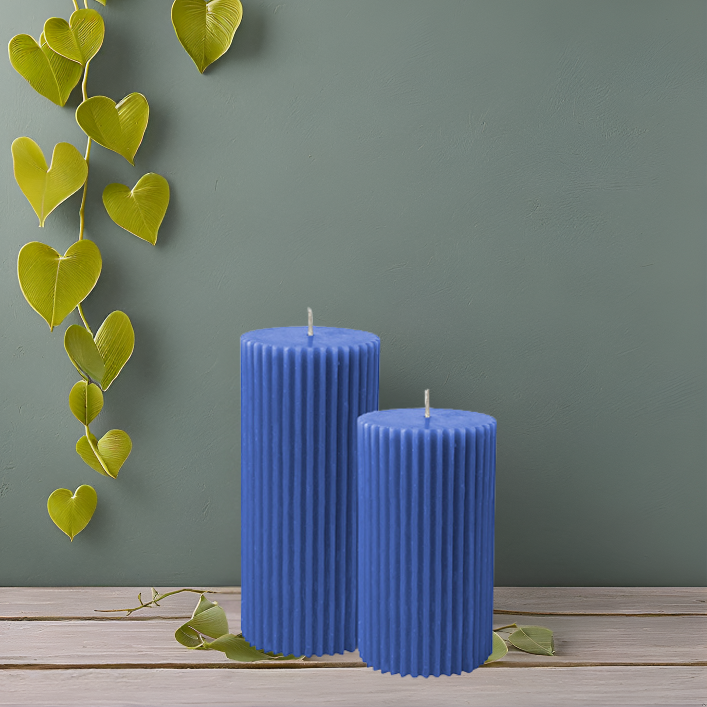 Ribbed Pillar Candle Set – Blue