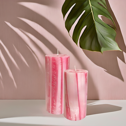 Marble Finish Pillar Candle Set– Pink